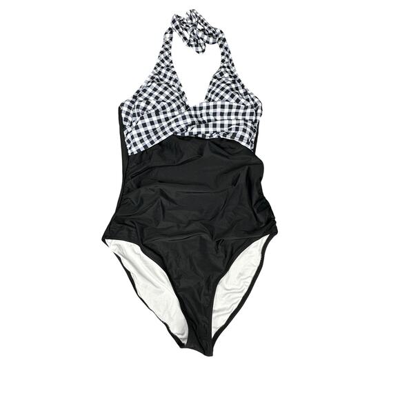 Womens Swimsuit Large Black and White Gingham Halter Tie Deep V Neck One Piece - Picture 1 of 9